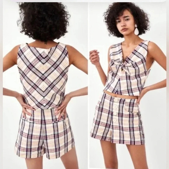 Zara TRF Collection Plaid Shorts, Size XS, Button Front, Cream, Pink, Navy Blue - Picture 1 of 7